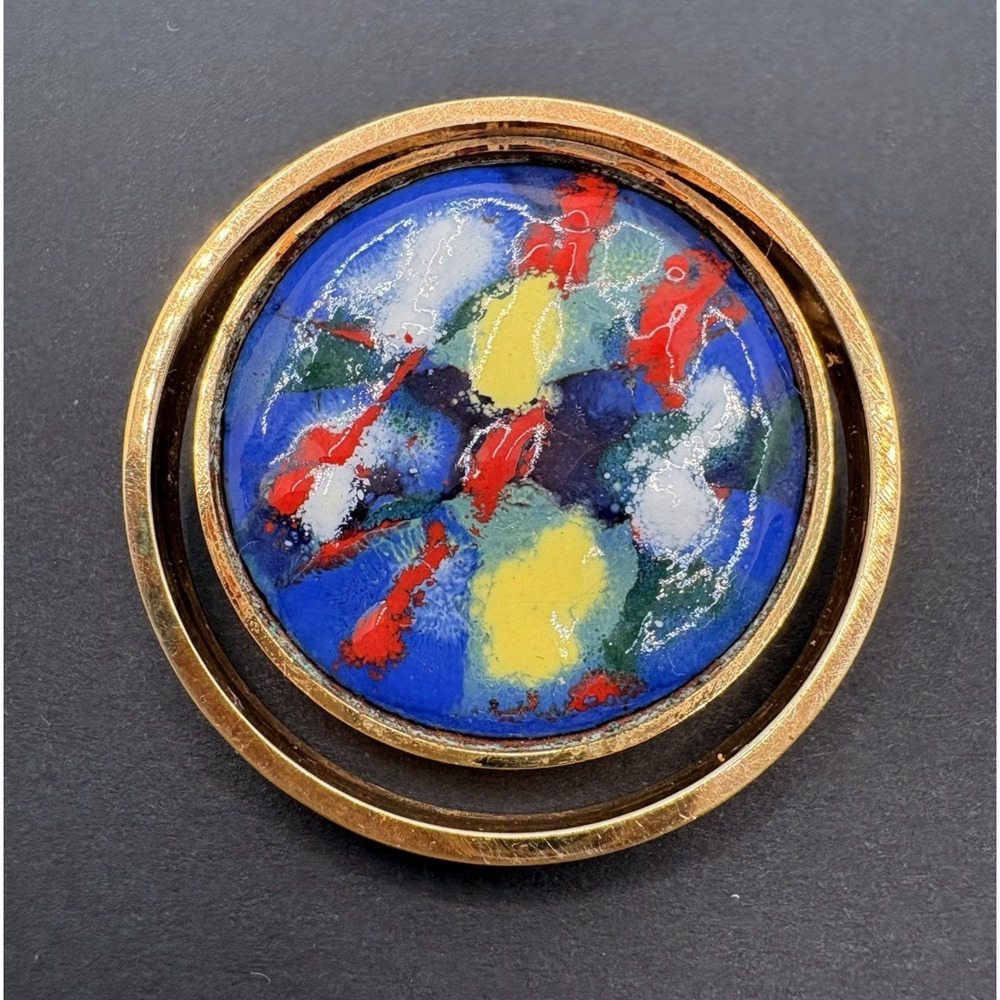 Vintage Abstract Splatter Enamel Multi Color Brooch Gold Tone Round Artistic